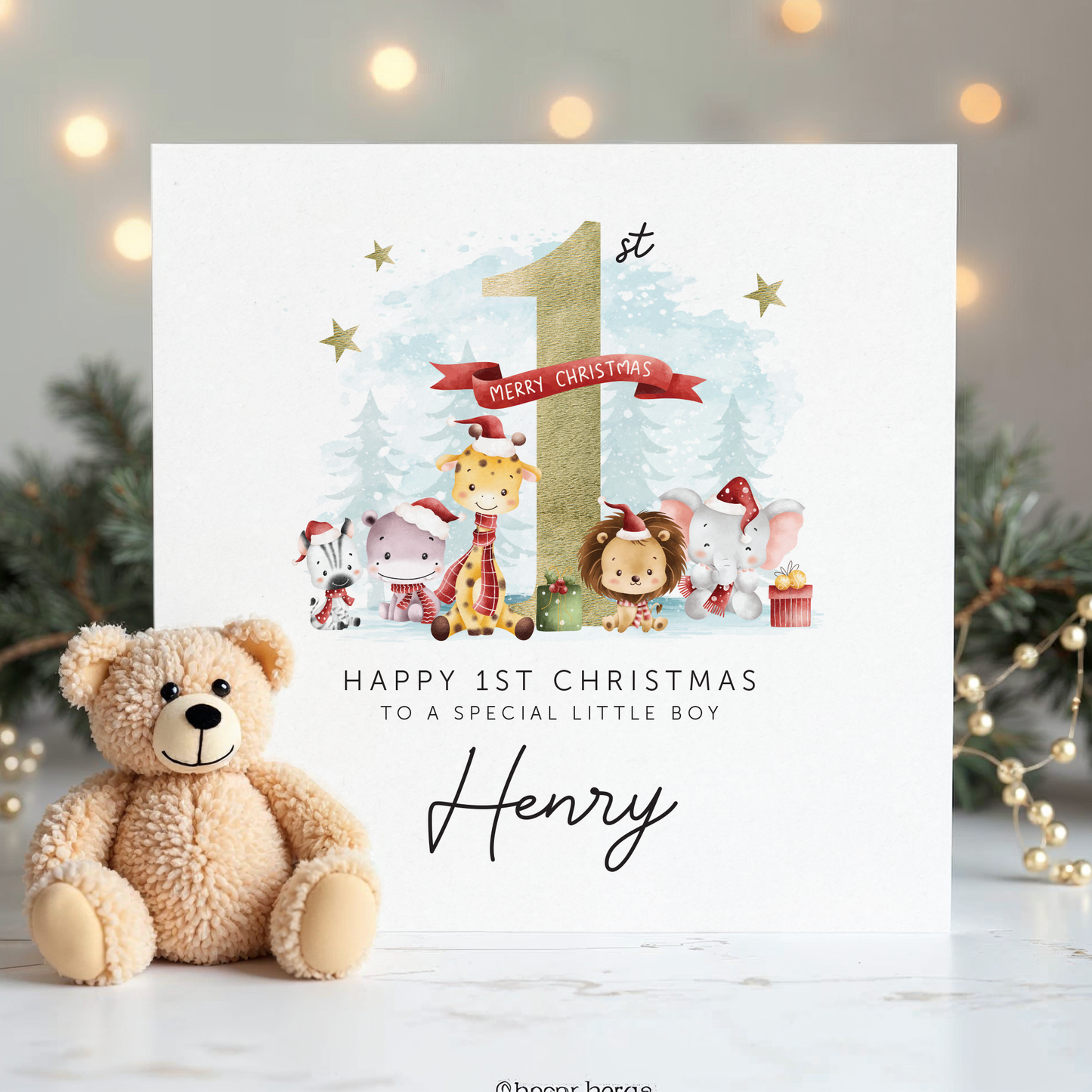 1st Christmas Card for son, Grandson First Christmas, Nephew, Little Boy, Gold foil effect