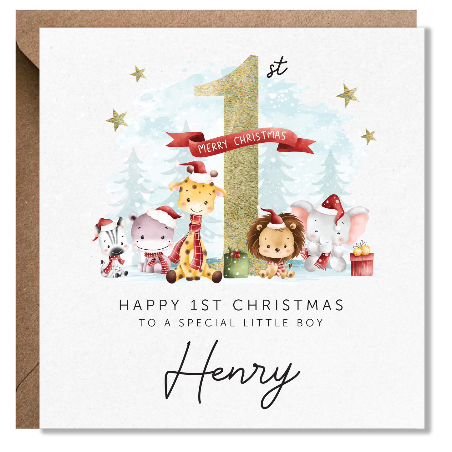 1st Christmas Card for son, Grandson First Christmas, Nephew, Little Boy, Gold foil effect