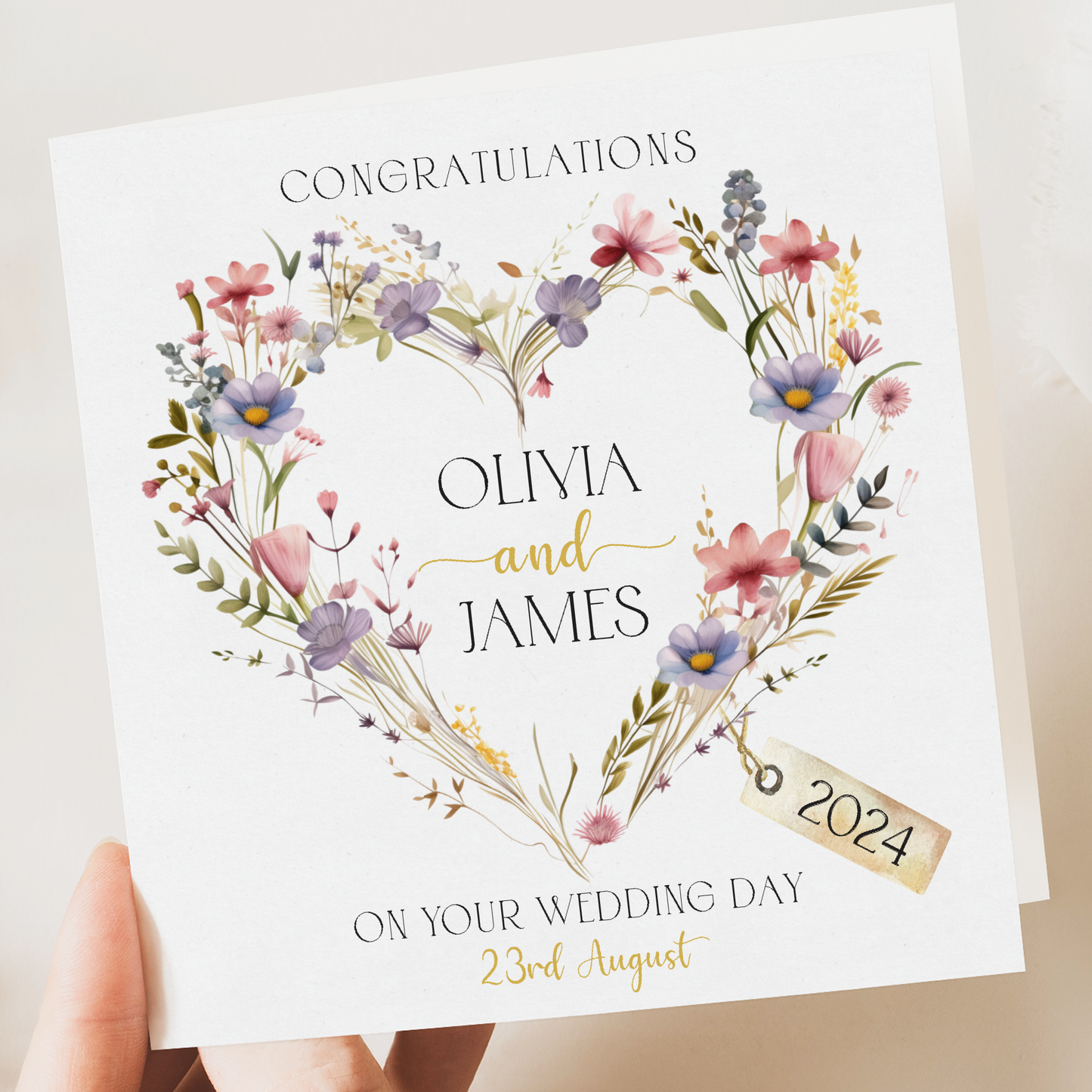 Personalised Floral Wedding Card | Custom Wedding Greeting | Printed on High-Quality 350gsm Card with Kraft Envelope