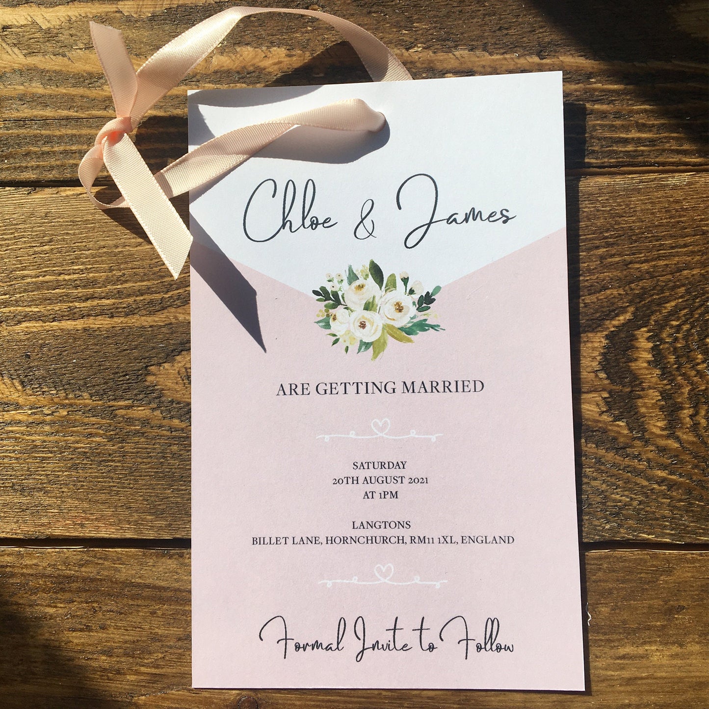 Save the date Wedding Card, Personalised save the date Wedding Card, Blush Save the date card, White rose save the date