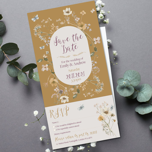 Botanical autumn save the date card with RSVP, Wedding Invitation, Autumn Floral Wedding Invitation, Rustic Wedding Invite