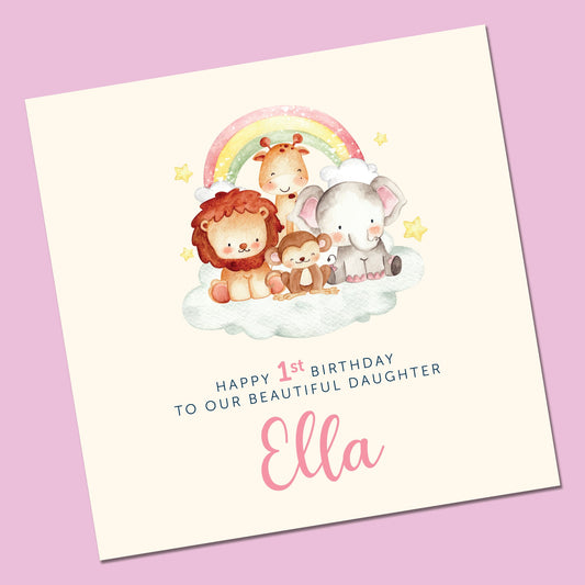 Personalised Any age birthday card, First Birthday for her, daughter,niece, granddaughter, greeting card,handmade young girl card rainbow,