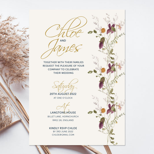 Modern Botanical Floral Wedding Invitation - Luxury elegant With a hint of floral Wedding Stationery, Beautiful timeless invitation