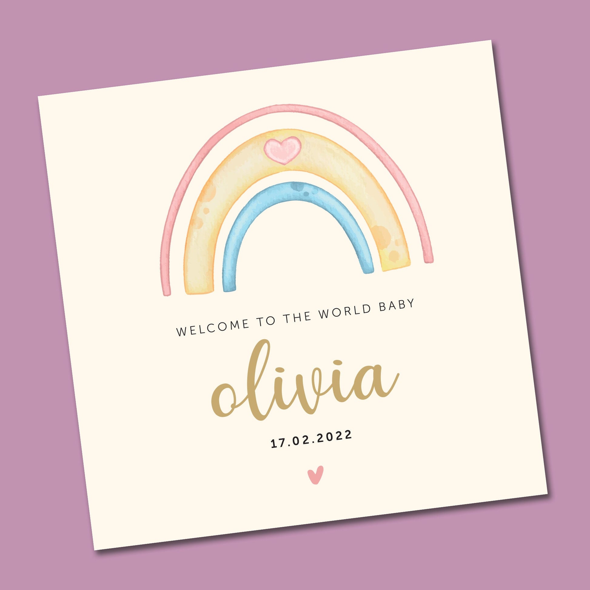 Rainbow Personalised Baby Watercolour themed new baby card, hello little one, welcome to the world New Baby Card