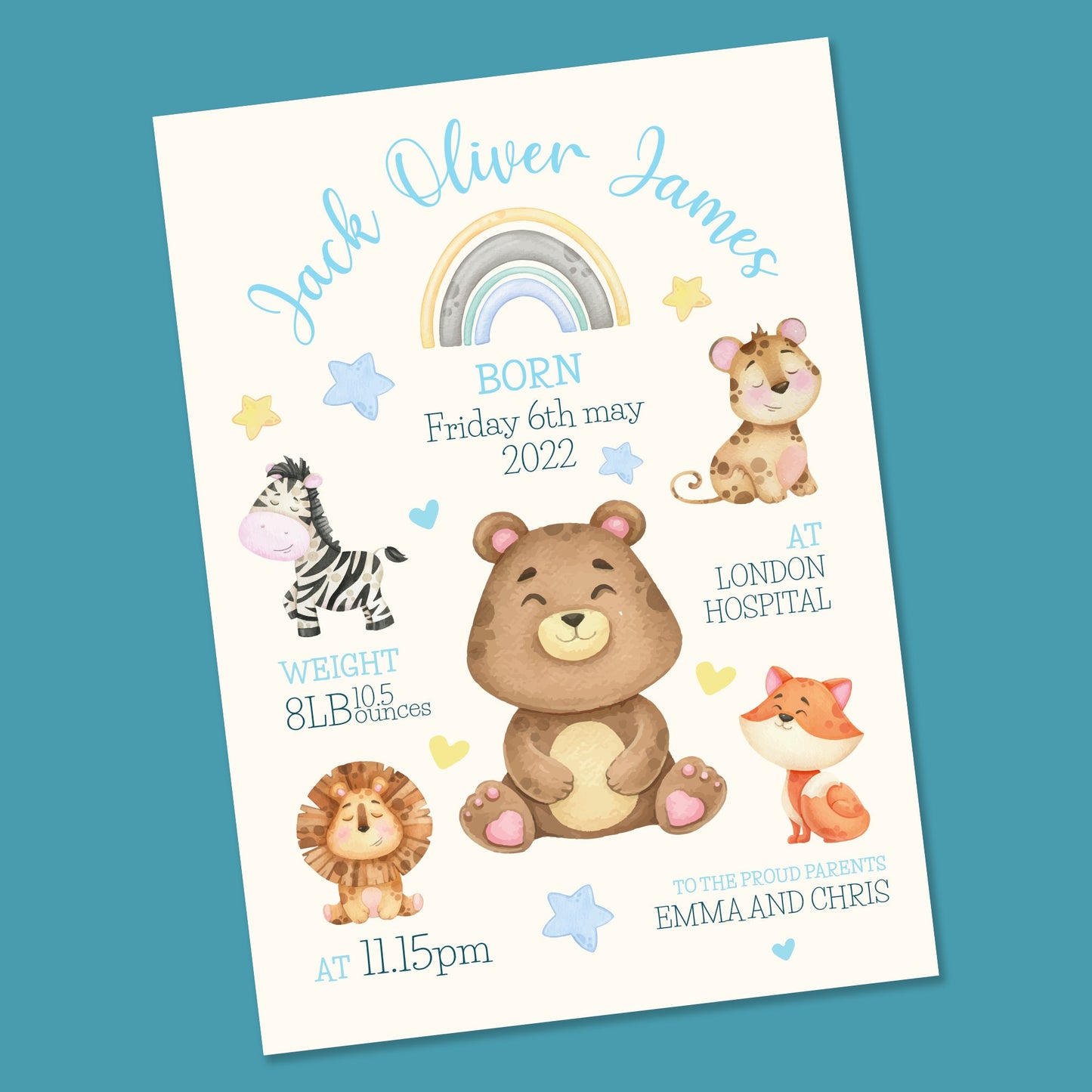 Personalised Baby Watercolour themed new baby card, Keepsake New Born card, Grandson, Son, Nephew New born oy card