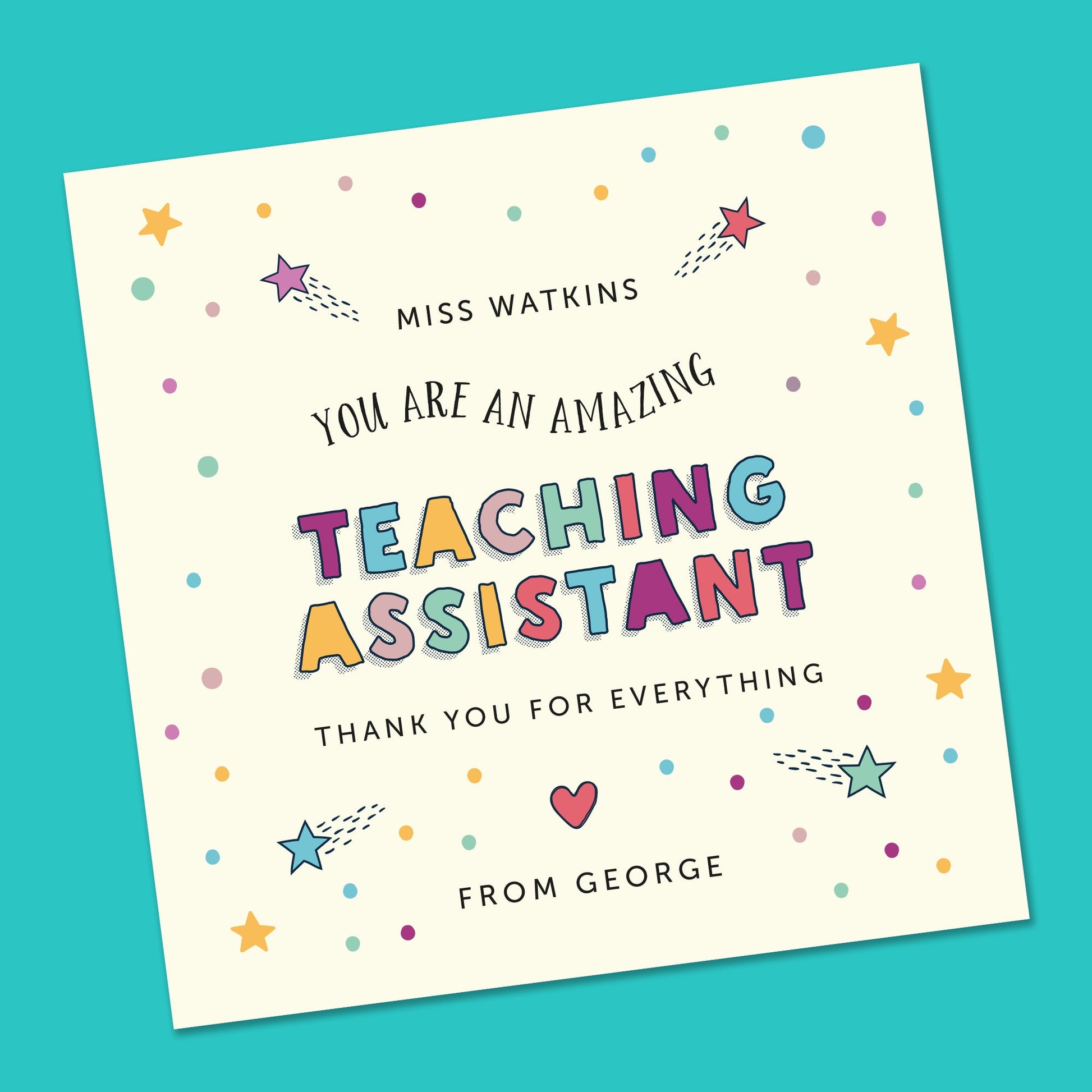 Teaching assistant, Teacher Card, Thank you Teacher Card, Personalised Teacher Card, Card to teacher, End of Term Teacher Card