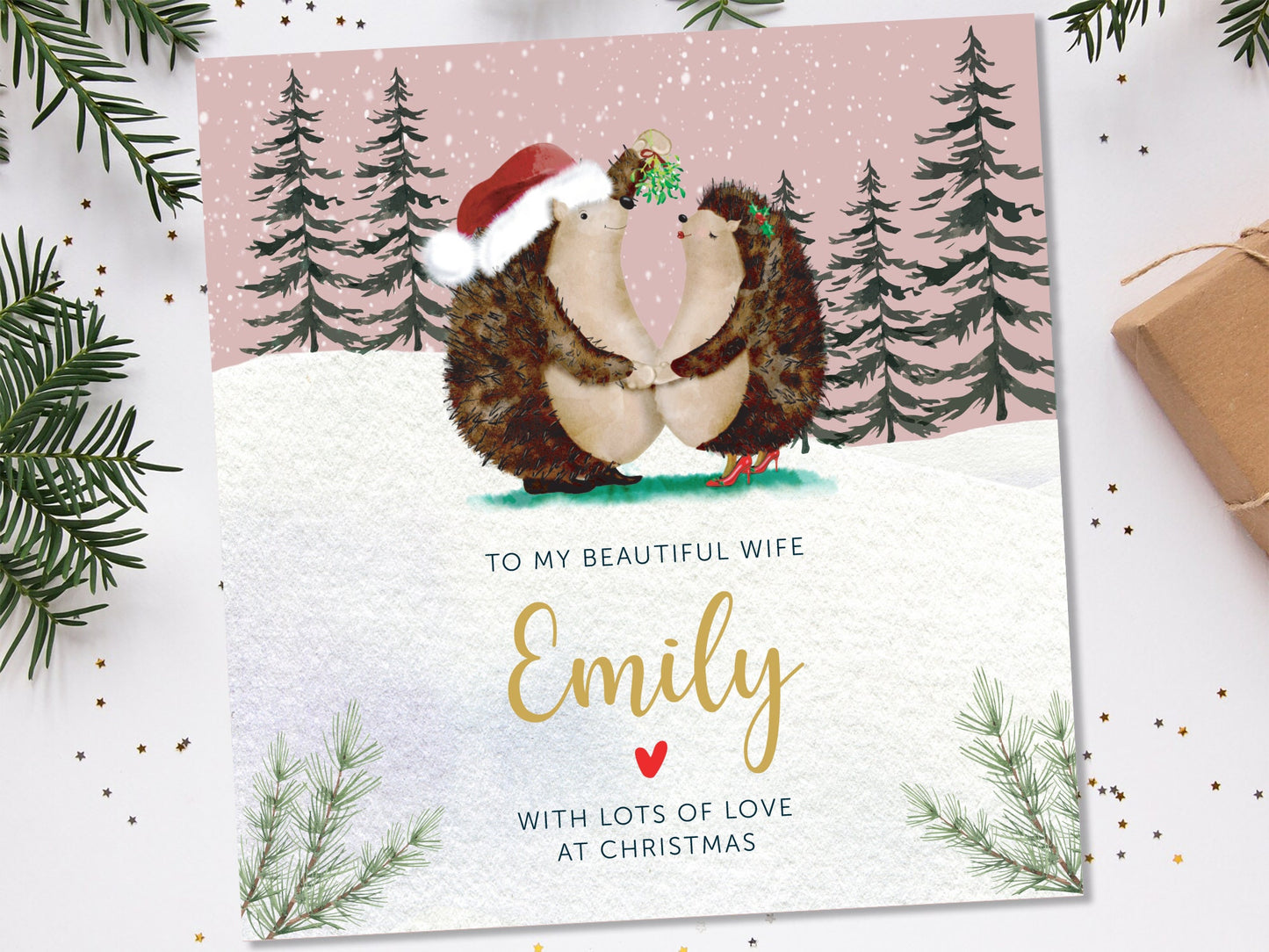 Christmas Card for Wife | Personalised Wife Christmas Card | Wife christmas card hedgehog | Personalised wife christmas card with hedgehog