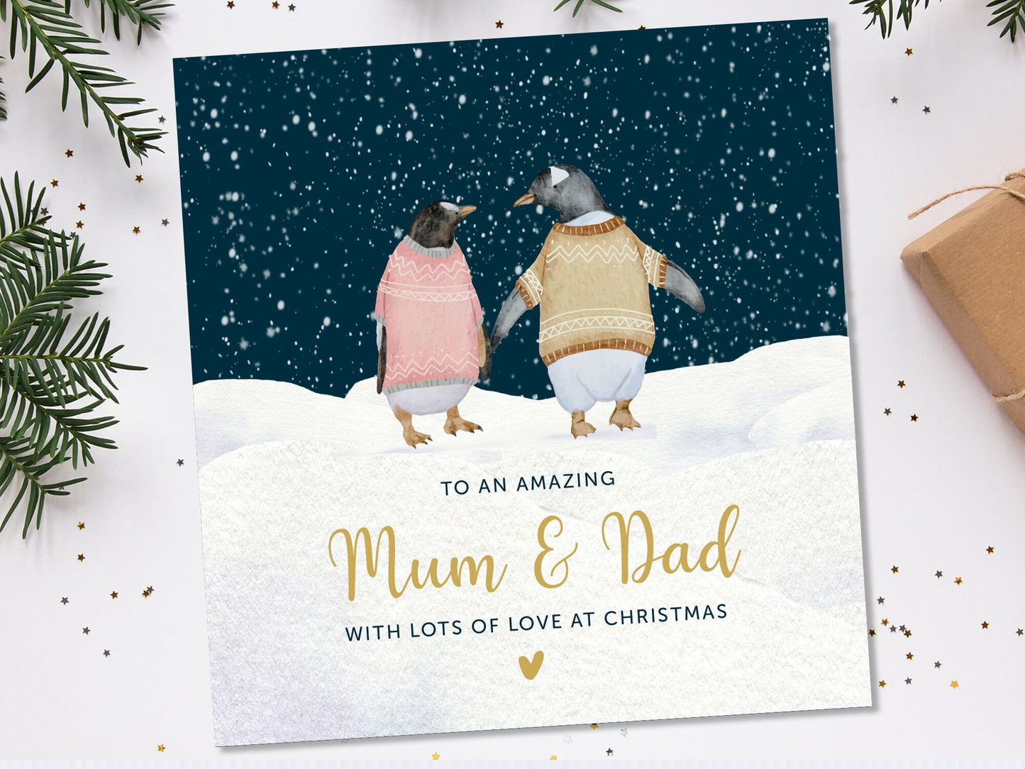 Mum and Dad Christmas Card, Penguins, Personalised Christmas Card for Mum and Dad, Mum & Dad Christmas card, Mum and Dad Christmas Gift