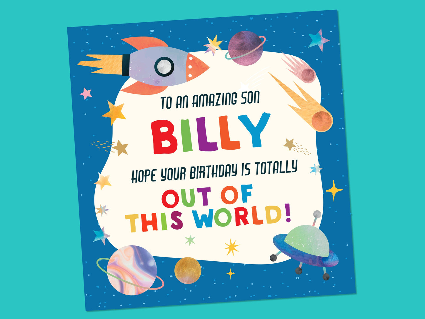 Boys Birthday Card, Space card for Son, Spaceship Card, Grandson, Nephew, Any Age Card, Boys Card, Personalised Car Birthday Card,