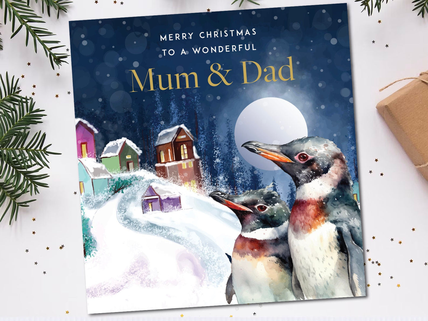 Mum and Dad Christmas Card, Penguins, Personalised Christmas Card for Mum and Dad, Mum & Dad Christmas card, Mum and Dad Christmas Gift