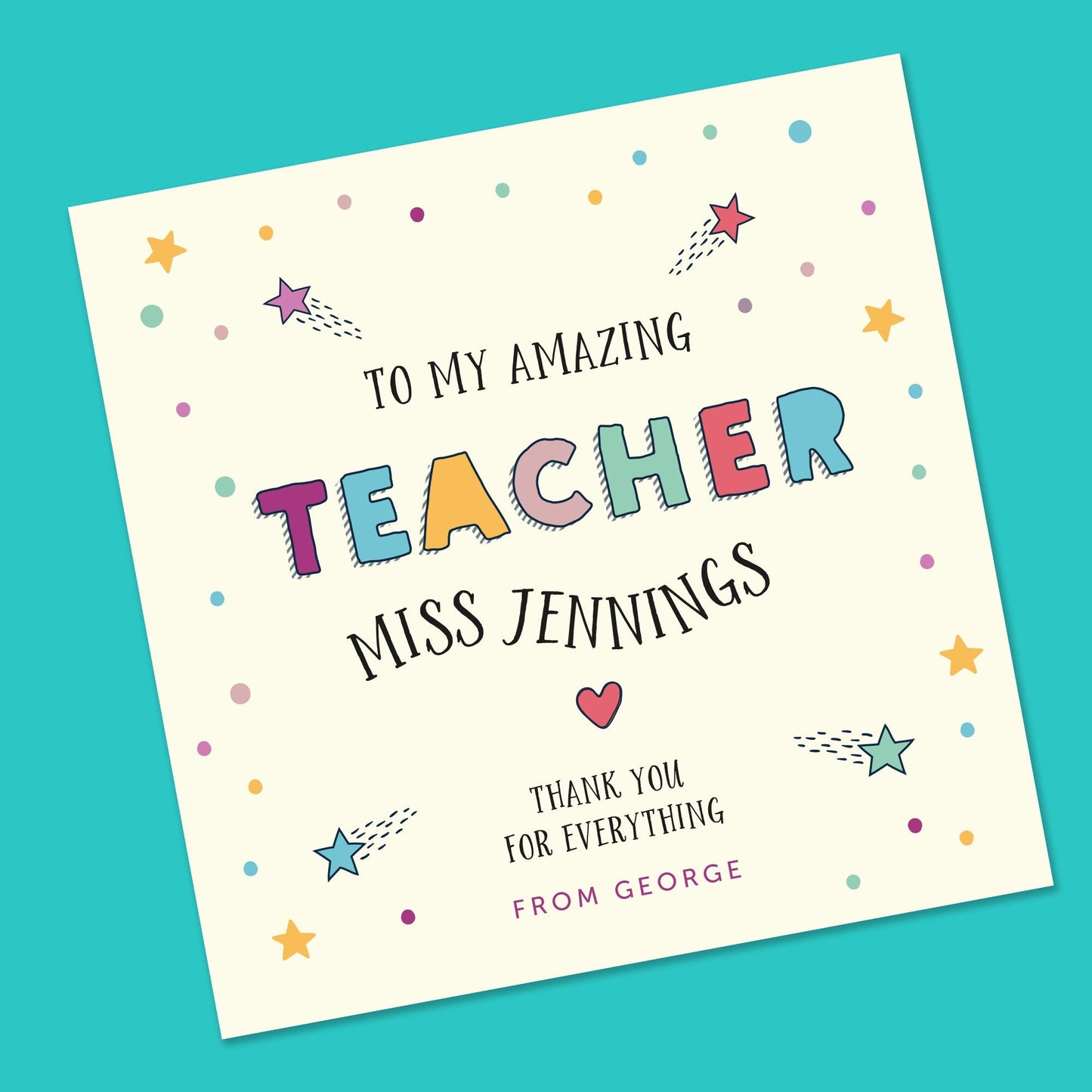 Teacher card, thank you teacher card, personalised teacher card, card to teacher, end of term teacher card, teaching assistant, card for him