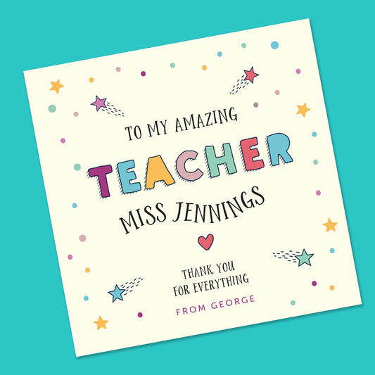 Teacher card, thank you teacher card, personalised teacher card, card to teacher, end of term teacher card, teaching assistant, card for him