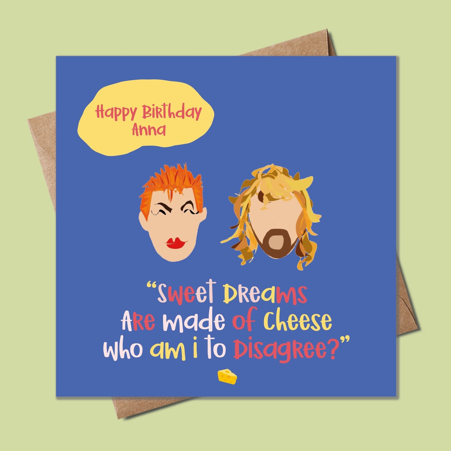 Funny birthday day card with the eurythmics, cheese birthday card, sweet dreams are made of cheese,  birthday card can be personalised