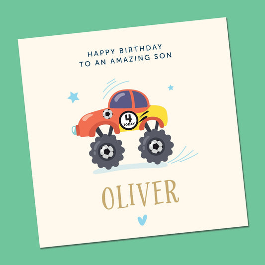 Boys truck birthday card, monster truck card for son, grandson, nephew, any age card, gamer boy card, personalised car birthday card,